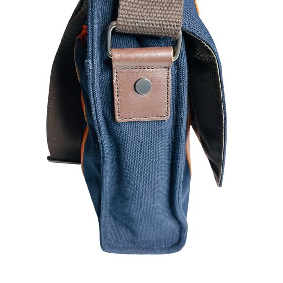 Pottery Barn Bradley Leather Canvas Messenger Laptop Bag Navy Orange - Picture 9 of 16